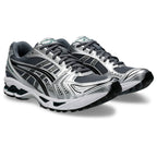 ASICS GEL-Kayano 14 Gris / Argent / Vert – paire en vue trois-quarts avant